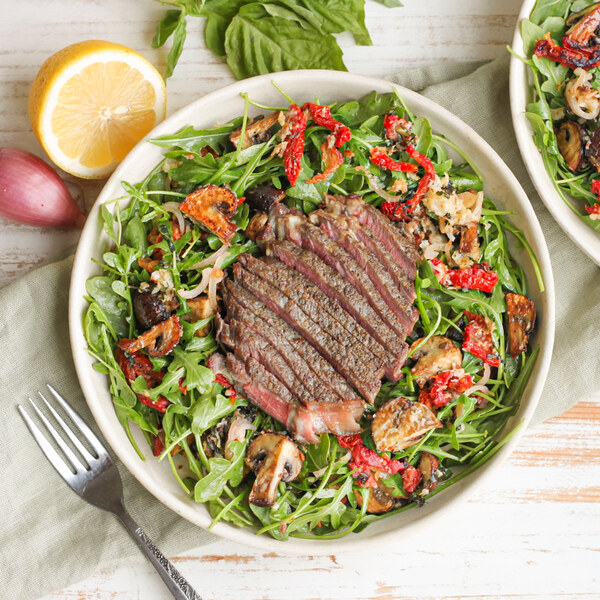 Ribeye Steak with Roasted Mushroom & Sun-Dried Tomato Arugula Salad