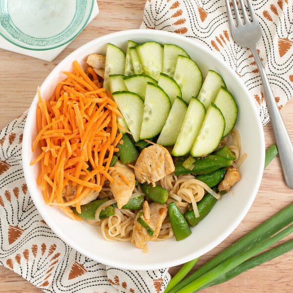 Peanut Chicken Rice Noodle Bowl with Snap Peas, Carrots & Cucumber