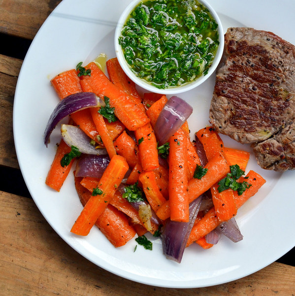 Steak, Roasted Carrots & Red Onion with Chimichurri Sauce