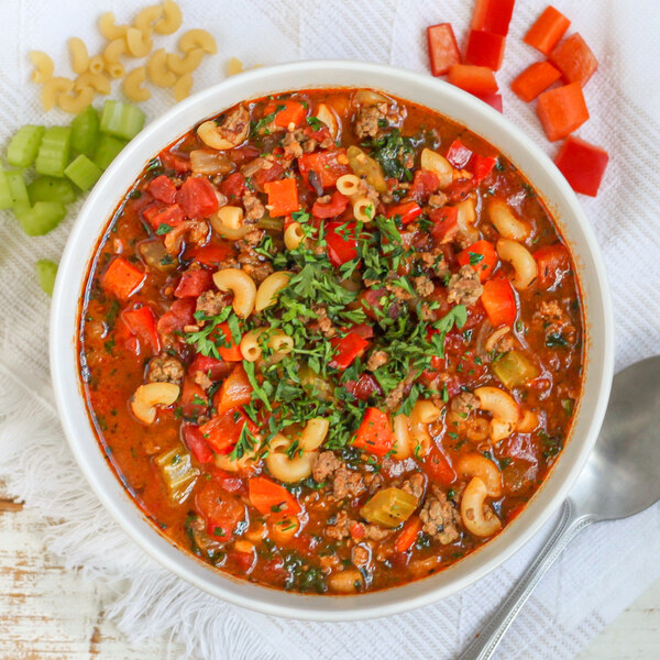 Italian-Style Macaroni Soup with Beef, Carrot, Celery & Bell Pepper
