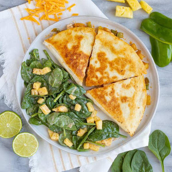 Chicken, Pineapple & Bell Pepper Quesadilla with Creamy Spinach Salad