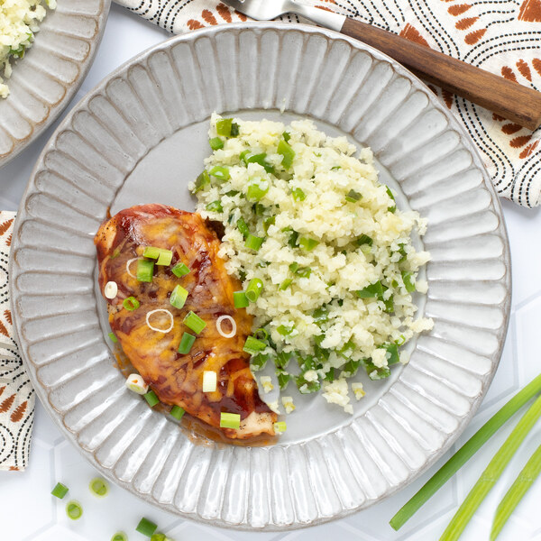 Cheesy BBQ Chicken Bake with Green Onion-Bell Pepper Cauliflower Rice