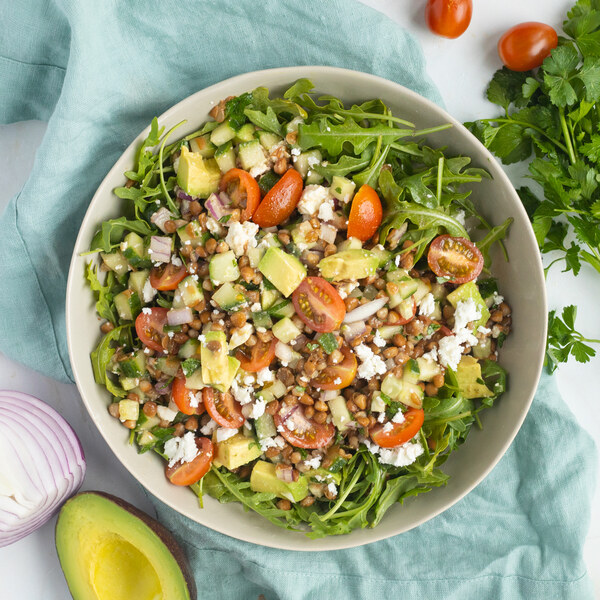 Balsamic Arugula Salad with Lentils, Tomato, Cucumber, Avocado & Feta