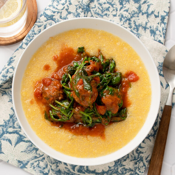 Pan-Fried Beef Meatballs with Spinach Marinara Sauce & Polenta