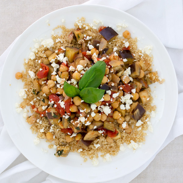 Eggplant, Tomato & Chickpea Stew with Couscous & Feta
