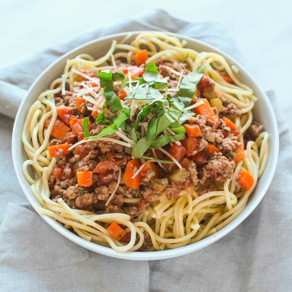 Classic Spaghetti Bolognese with Parmesan & Basil