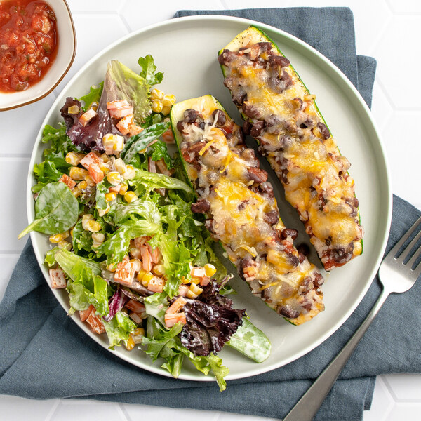 Cheesy Mexican Zucchini Boats with Black Beans, Salsa & Tossed Salad