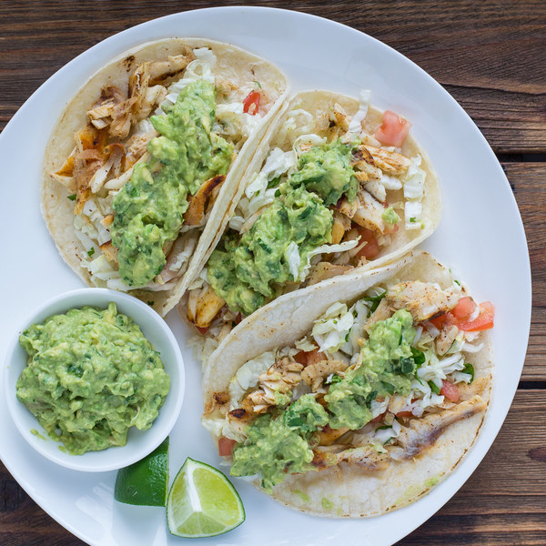 Fish Tacos with Guacamole & Napa Cabbage Slaw