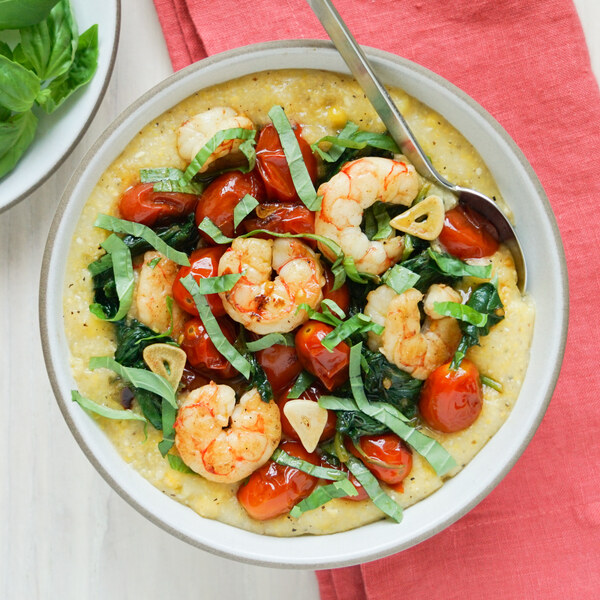 Parmesan Polenta with Garlicky Shrimp, Spinach, Tomatoes, Corn & Basil