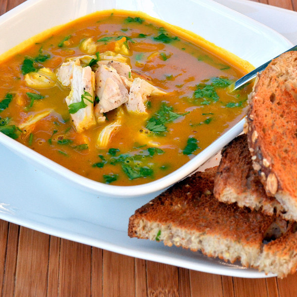 Curried Coconut Pumpkin Soup with Chicken & Crusty Bread