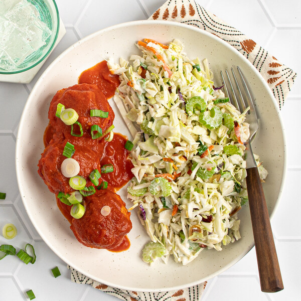 Baked Turkey Meatballs with Spicy Tomato Sauce & Blue Cheese Slaw