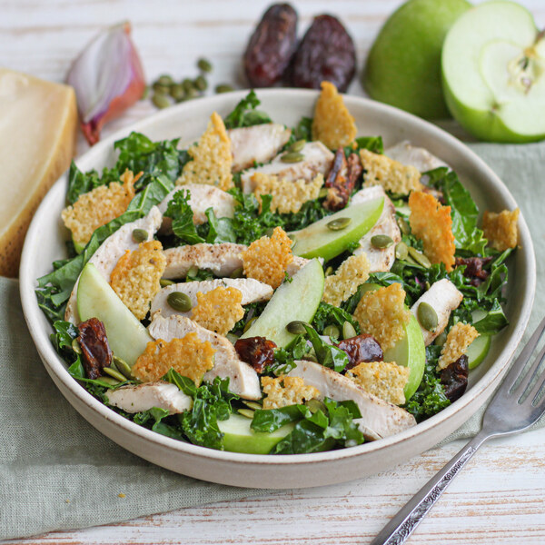 Kale Salad with Chicken, Apple, Dates, Pumpkin Seeds & Crispy Parmesan