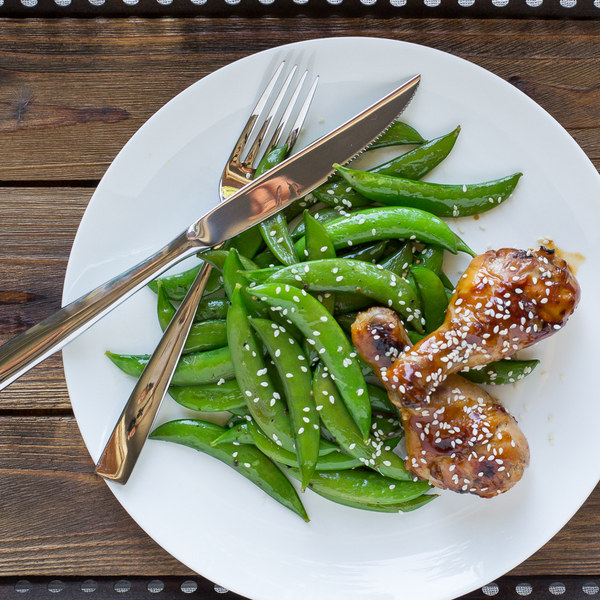 Teriyaki Chicken Drumsticks with Sautéed Sugar Snap Peas