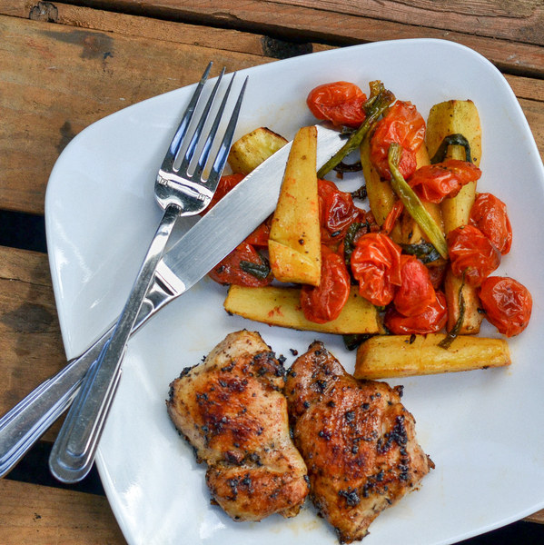 Sautéed Chicken Thighs with Roasted Parsnips & Grape Tomatoes