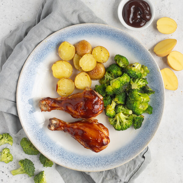 Roasted BBQ Chicken Drumsticks & Potatoes with Sautéed Broccoli