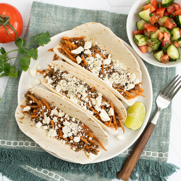 Masala Roasted Carrot, Lentil & Feta Tacos with Tomato-Cucumber Salad