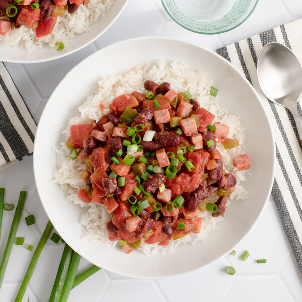 Cajun-Style Ham & Kidney Bean Stew over Rice with Green Onions
