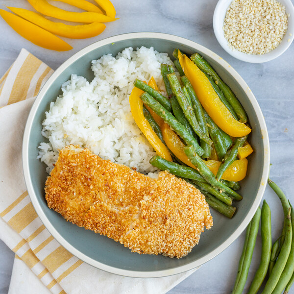 Sesame Crusted Cod with Green Bean-Bell Pepper Sauté & Rice