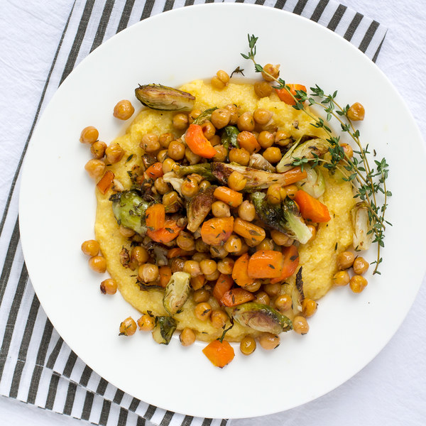 Roasted Chickpeas, Brussels Sprouts & Carrots with Polenta