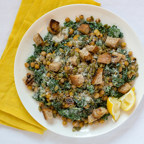 Chickpea & Kale Caesar Salad with Pumpkin Seeds