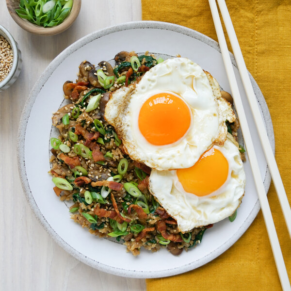 Fried Cauliflower Rice with Bacon, Spinach, Mushrooms & Eggs