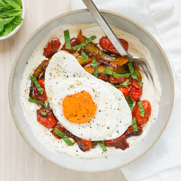 Minty Sautéed Peppers & Tomatoes over Whipped Ricotta with Fried Egg