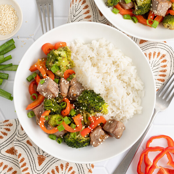 Baked Sesame Beef with Broccoli, Red Pepper, Green Onion & Rice