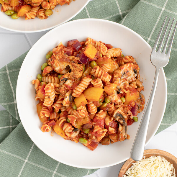 Cheesy Pasta Marinara with Roasted Edamame, Mushrooms & Bell Pepper