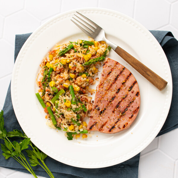 Grilled Cajun Ham with Cheesy Asparagus, Cauliflower Rice & Corn Bake