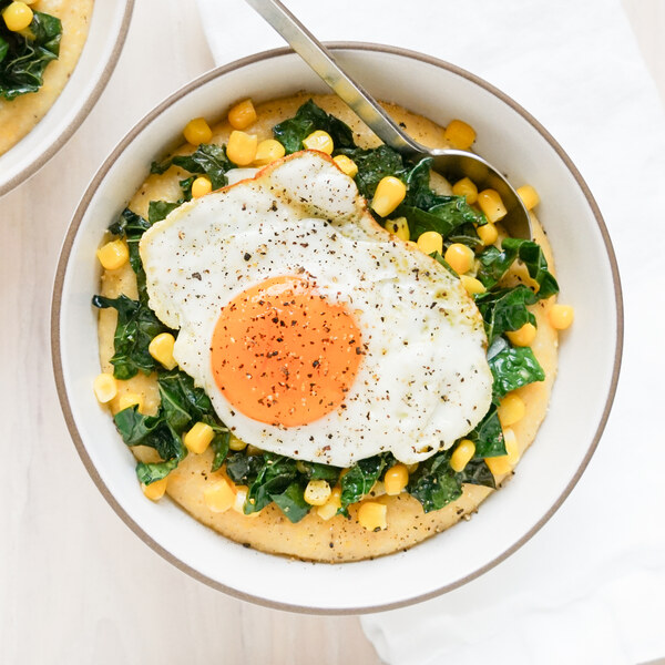 Parmesan Polenta with Lemony Kale-Corn Sauté & Fried Egg