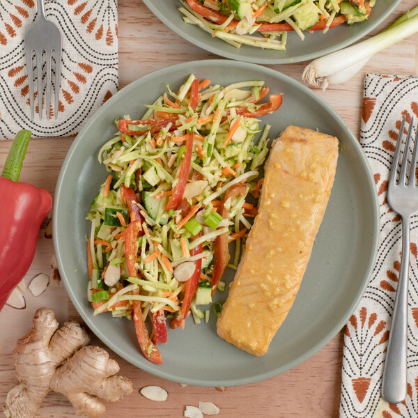 Baked Honey Mustard-Miso Salmon with Mixed Veggie & Almond Slaw