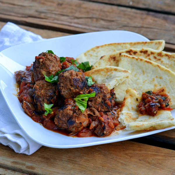 Beef & Ricotta Meatballs in Tomato Sauce with Warm Flatbread