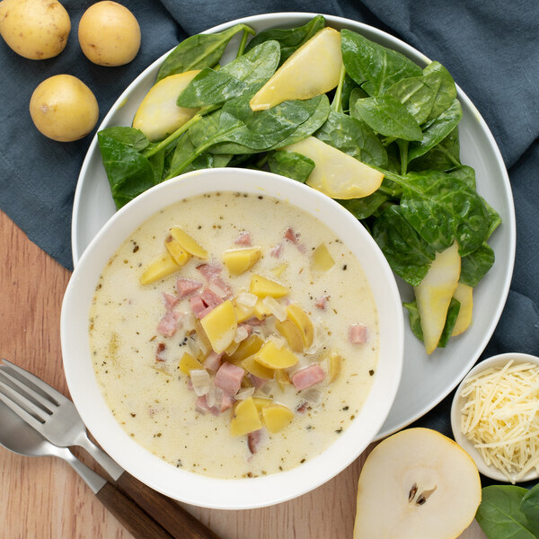 Ham, Cheese & Potato Soup with Honey Mustard Pear-Spinach Salad