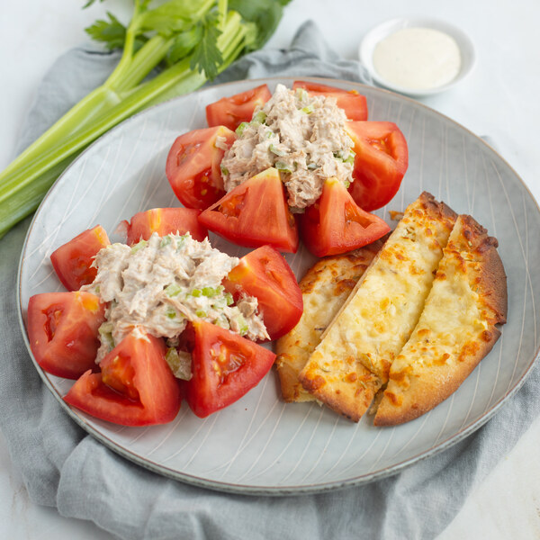 Tuna Salad Stuffed Tomatoes with Cheesy Rosemary Breadsticks