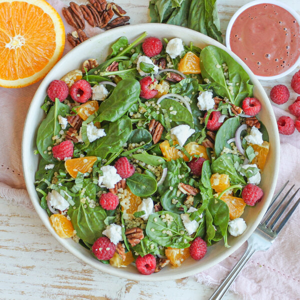 Raspberry-Basil Quinoa Spinach Salad with Orange, Pecans & Goat Cheese