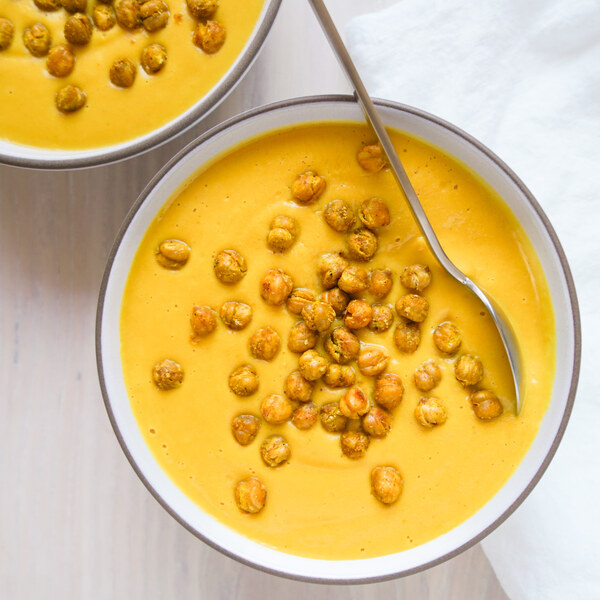 Curry-Lime Butternut Squash & Cauliflower Soup with Crispy Chickpeas