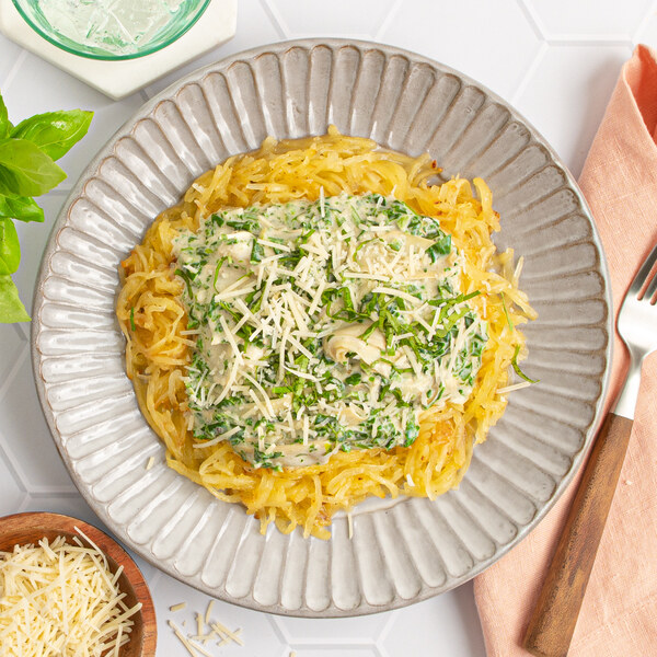 Spaghetti Squash with Creamy Spinach-Artichoke Sauce, Basil & Parmesan