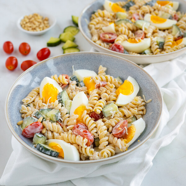 Caesar Pasta Salad with Tomatoes, Cucumber, Pine Nuts & Eggs