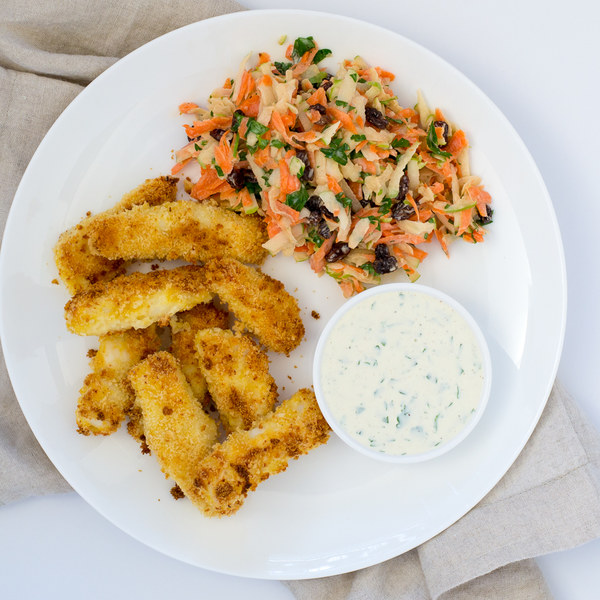 Panko-Crusted Fish Sticks with Lemon-Herb Dip & Carrot-Apple Slaw
