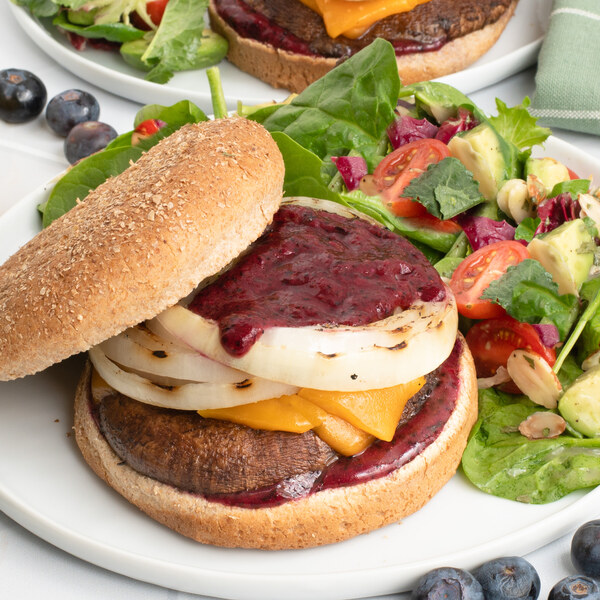 Cheesy Portobello Mushroom Burger with Blueberry BBQ Sauce & Salad