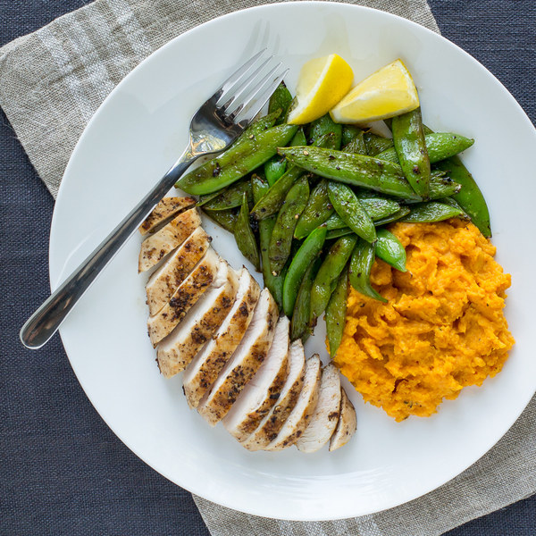 Pan-Fried Chicken with Sautéed Sugar Snap Peas & Sweet Potato Mash
