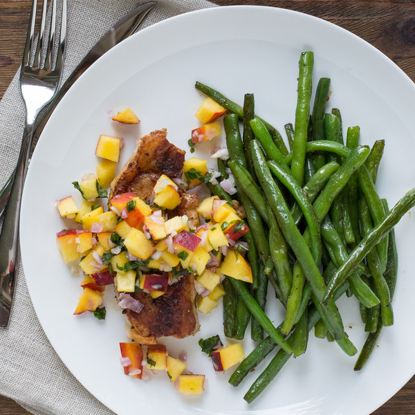 Pan-Fried Pork Chops with Basil Peach Salsa & Green Beans