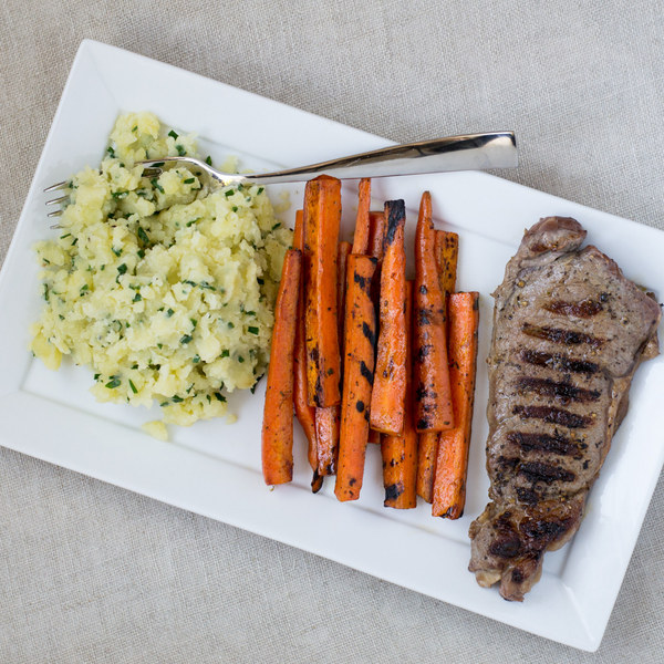 Grilled Steak & Carrots with Garlic Mashed Potatoes