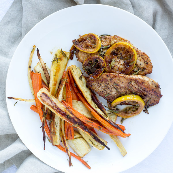 Lemon-Butter Chicken with Honey-Roasted Parsnips & Carrots