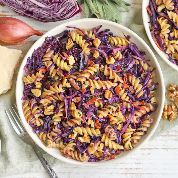 Pasta Skillet with Cabbage, Carrot, Bacon, Walnuts, Sage & Parmesan