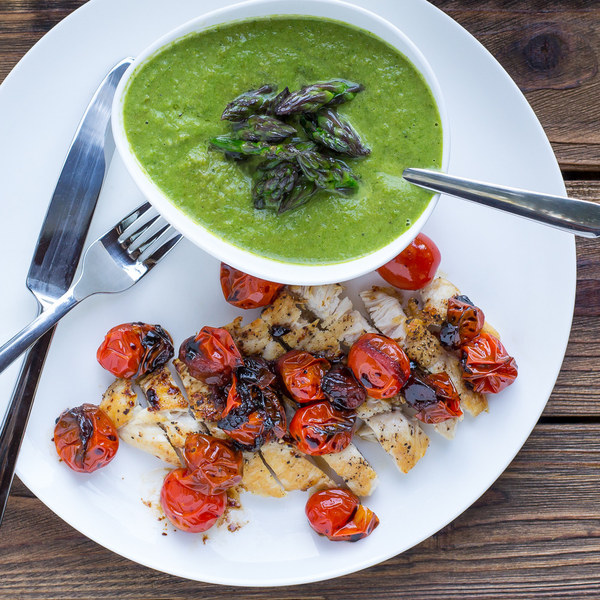 Asparagus Soup with Chicken Slices & Garlicky Grape Tomatoes