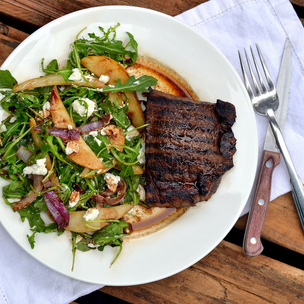 Maple Balsamic Steak with Pear, Arugula & Goat Cheese Salad