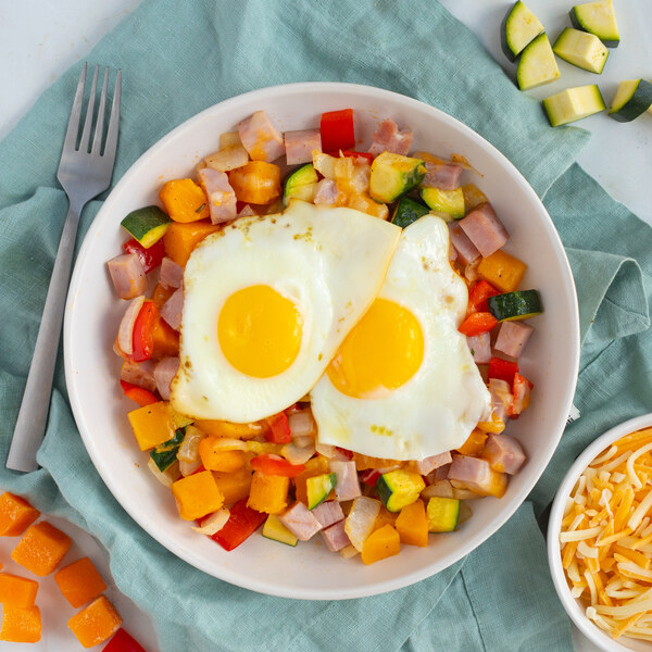 Cheesy Cajun Ham, Butternut Squash, Pepper & Zucchini Hash with Eggs