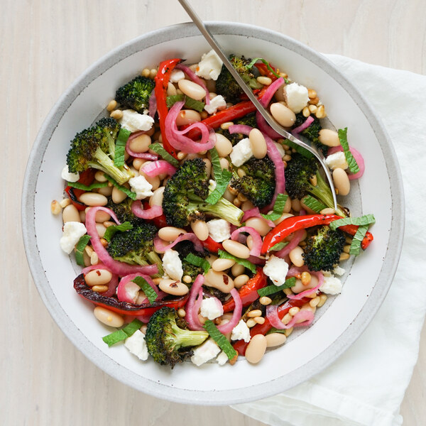 Roasted Broccoli Salad with Beans, Peppers, Pickled Onions & Pine Nuts