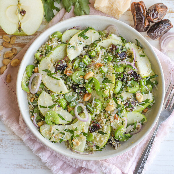 Celery-Apple Quinoa Salad with Peanuts, Dates, Parmesan & Parsley